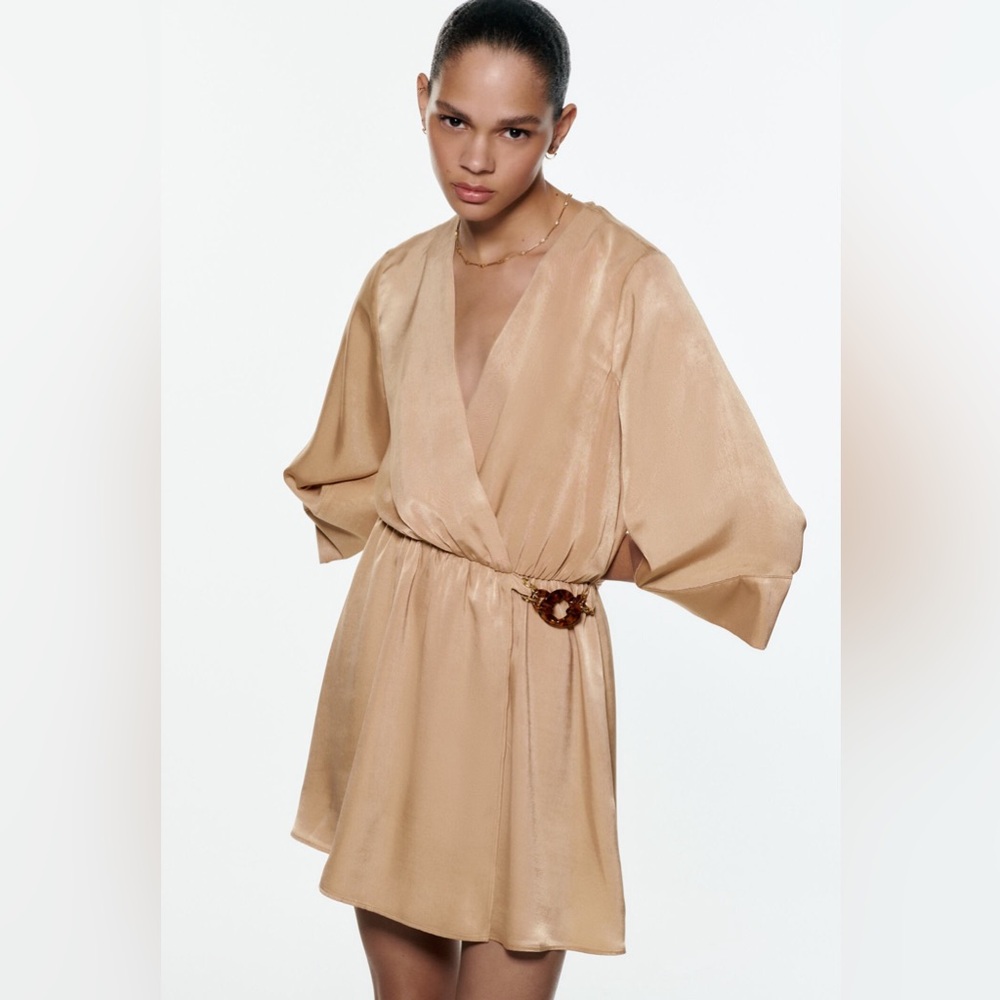 Zara Beige Satin Wrap Jumpsuit with Tortoiseshell Buckle
